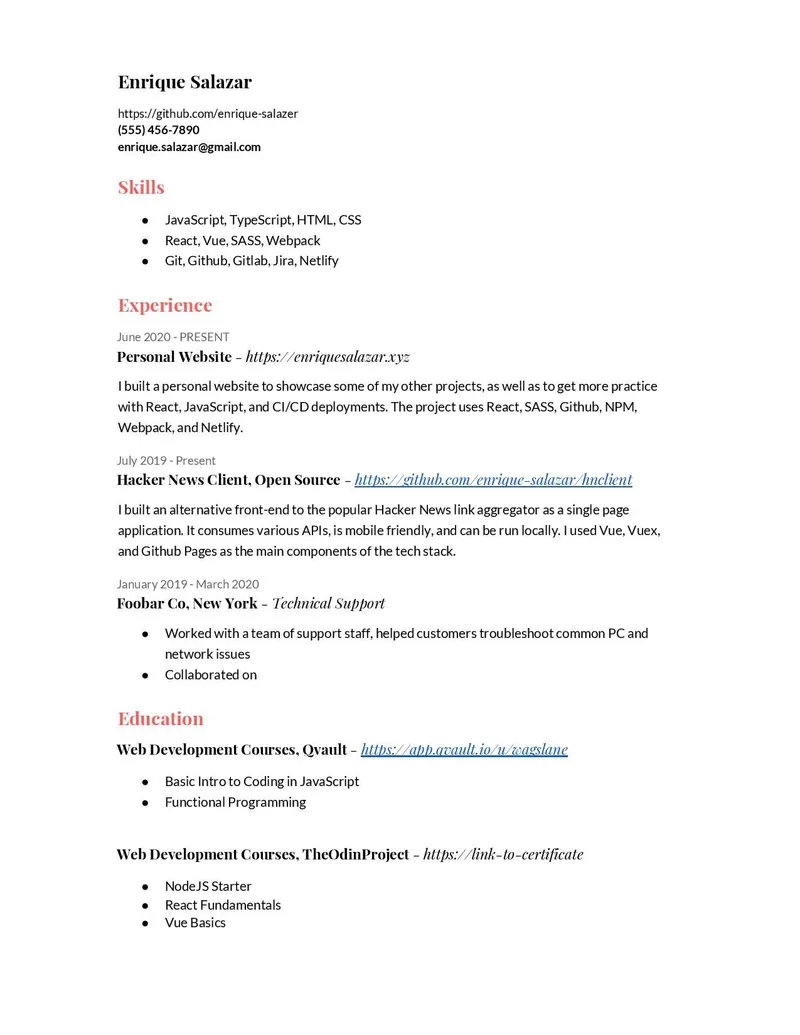 Front-End Developer Resume Sample - Self-Taught
